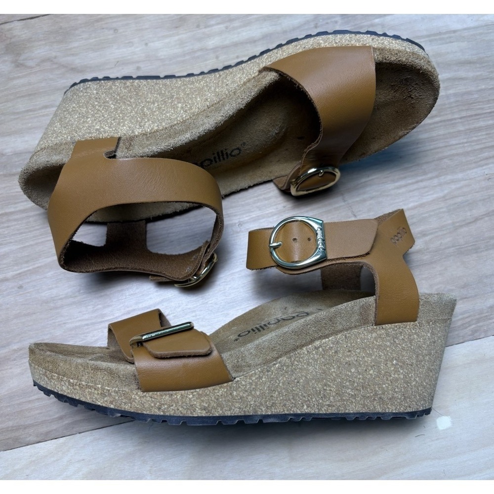 Birkenstock Papillio Soley Ring Buckle Sandal Size 38 /8 Cognac Leather Wedge